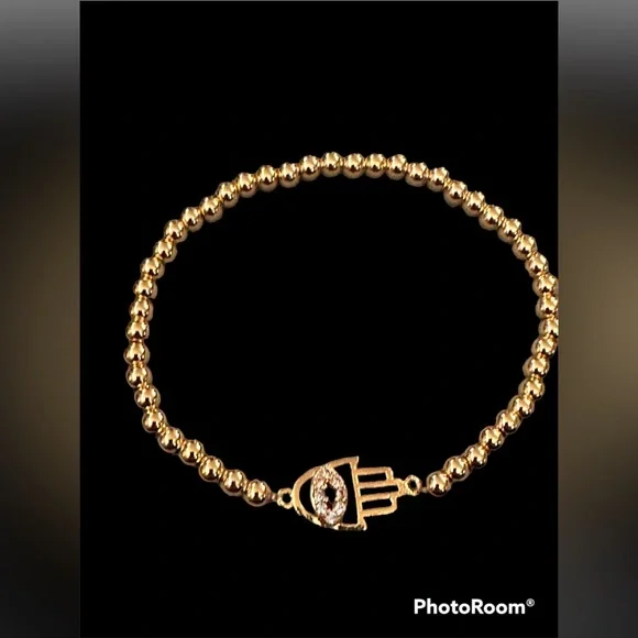 Hamsa Gold Tone Stretch Beaded Bracelet - Picture 1 of 2